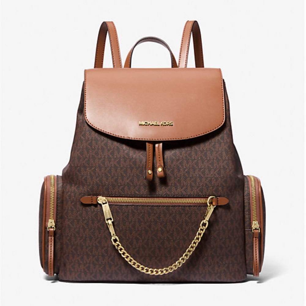 MK Brown & Gold Logo-print canvas Large Backpack 🎒, NWT - Picture 1 of 6